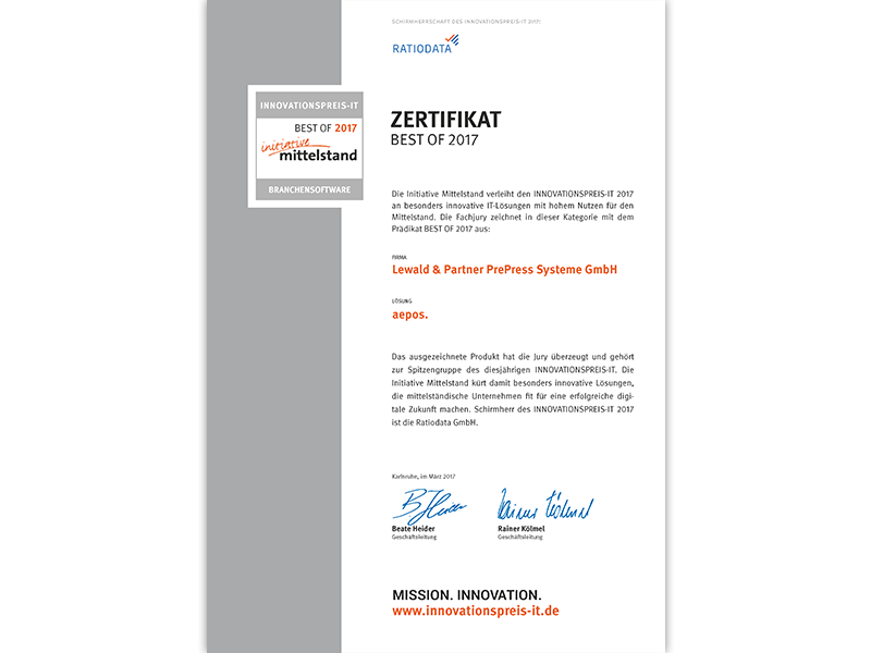 Zertifikat BEST OF 2017 in der Kategorie Branchensoftware für aepos.